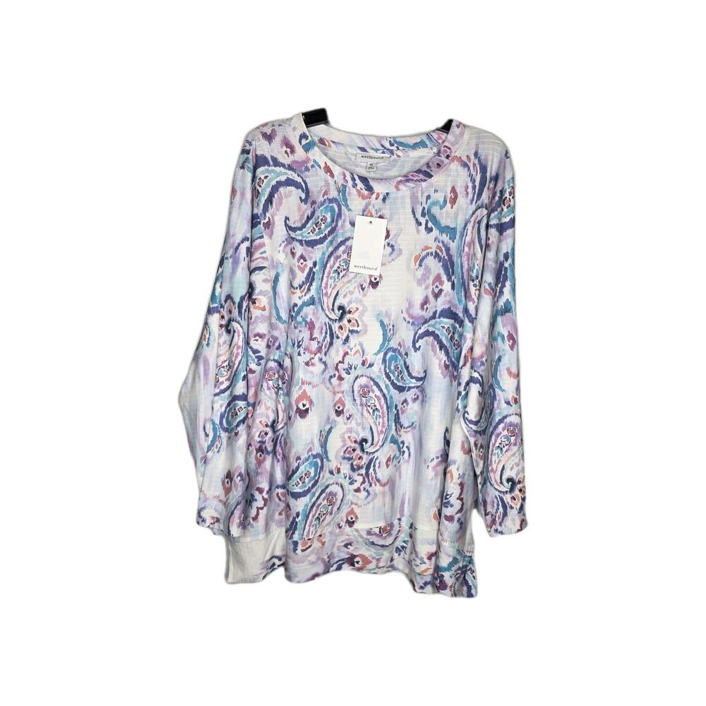 Westbound Womens Size XL Paisley Print 3/4 Sleeve Top White Purple Tunic